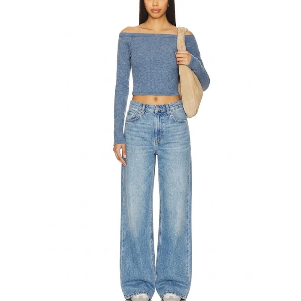 New Free People Movement Crop Ribbed Knit Long Sleeve Top Large Glacier Blue